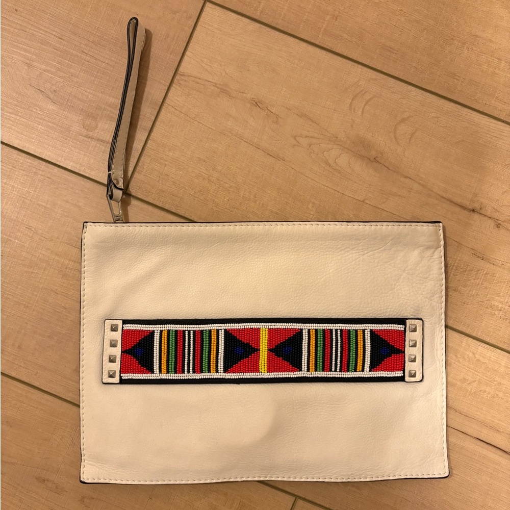 Women's White Leather Wristlet Clutch with Multicolor Beaded Accent